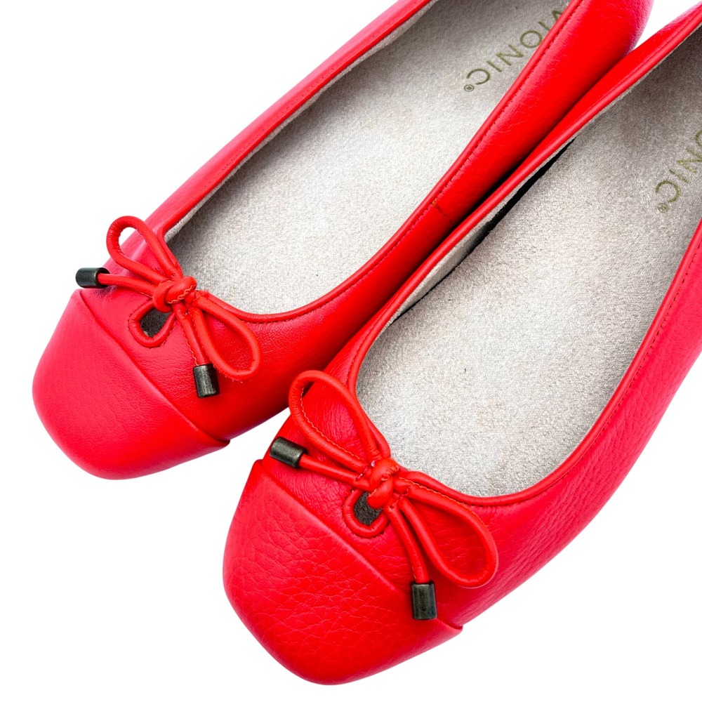 NEW Vionic Red Leather 7M Ballet Flats Square Toe Bow Orthotic Support
